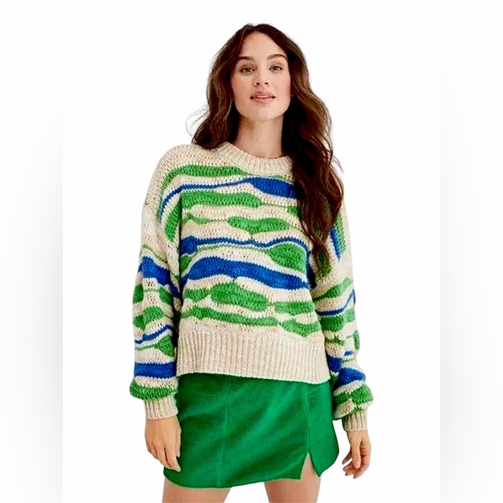 Aerie – Intarsia Knit Sweater – Green Blue Cream Stripe – Size XS